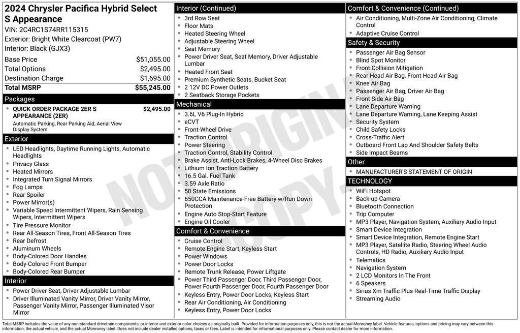 2024 Chrysler Pacifica Hybrid Select S Appearance
