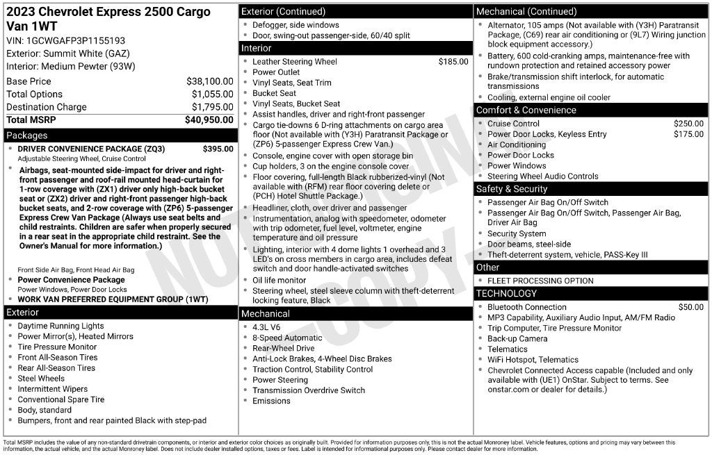 2023 Chevrolet Express 2500 Work Van Cargo