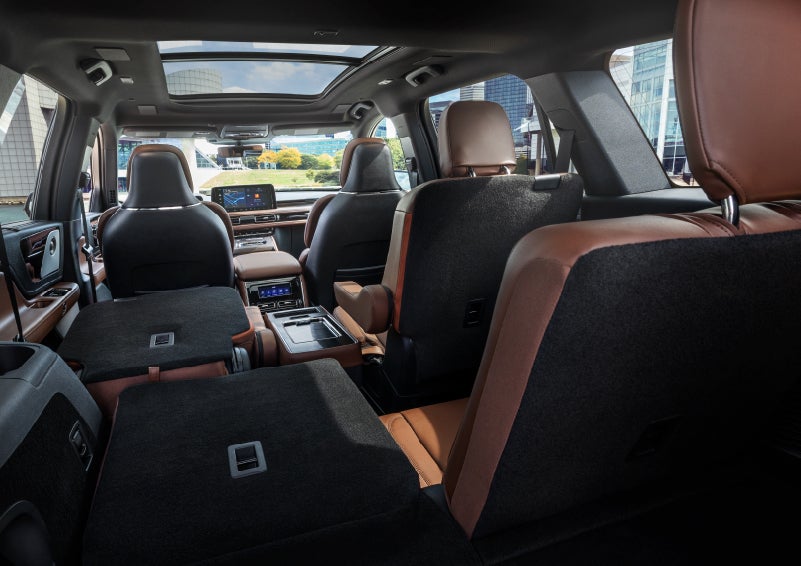 The interior of the 2025 Lincoln Aviator® SUV is shown with two seats folded down for added space. | Don Franklin Lincoln Elizabethtown in Elizabethtown KY