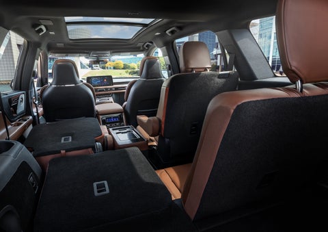 The interior of the 2025 Lincoln Aviator® SUV is shown with two seats folded down for added space. | Don Franklin Lincoln Elizabethtown in Elizabethtown KY