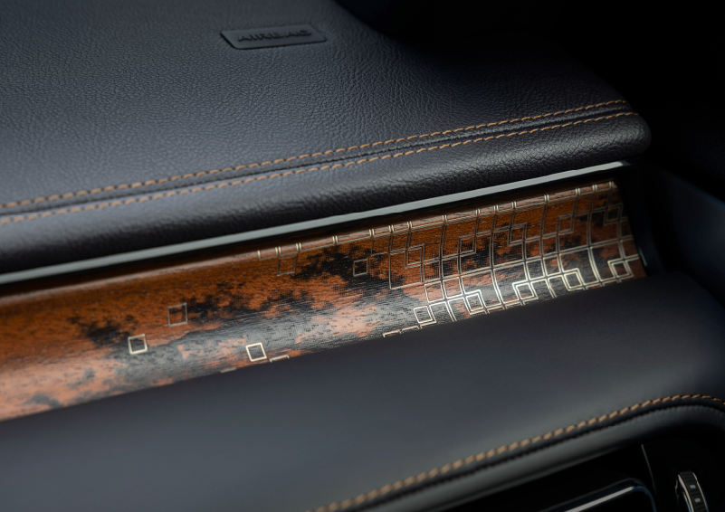 A close-up shot of the 2025 Lincoln Aviator® dashboard with unique black and brown accents, and brown stitching. | Don Franklin Lincoln Elizabethtown in Elizabethtown KY