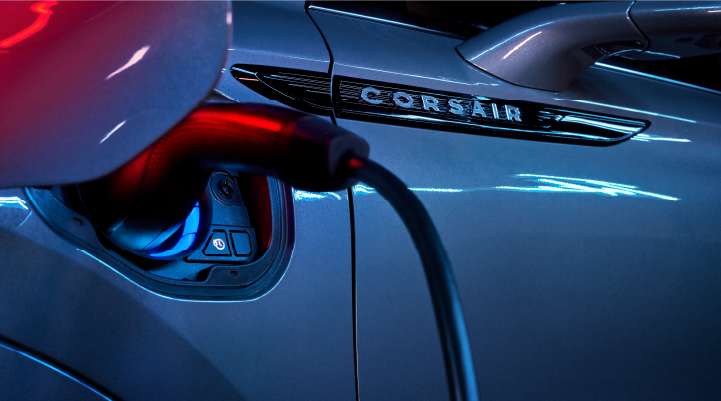 A charger plugged into the charging port of a 2025 Lincoln Corsair® Plug-in Hybrid model. | Don Franklin Lincoln Elizabethtown in Elizabethtown KY
