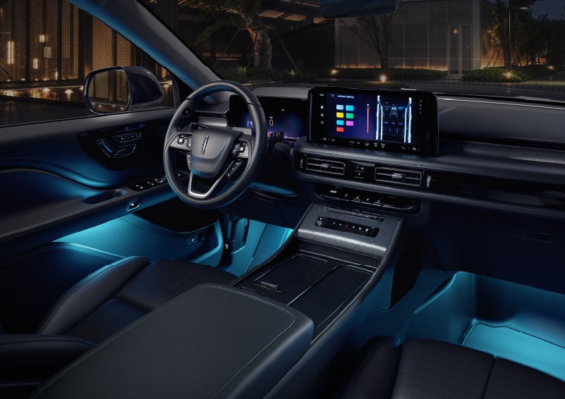 Deep blue ambient lighting glows from various places within a 2026 Lincoln Aviator® SUV. | Don Franklin Lincoln Elizabethtown in Elizabethtown KY