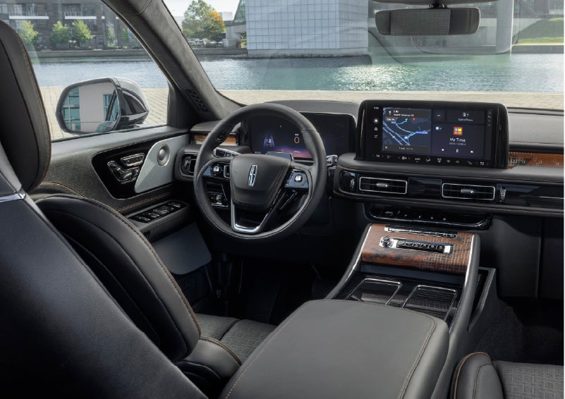 The interior of the 2026 Lincoln Aviator® SUV is shown parked with a view of a harbor through the windshield. | Don Franklin Lincoln Elizabethtown in Elizabethtown KY